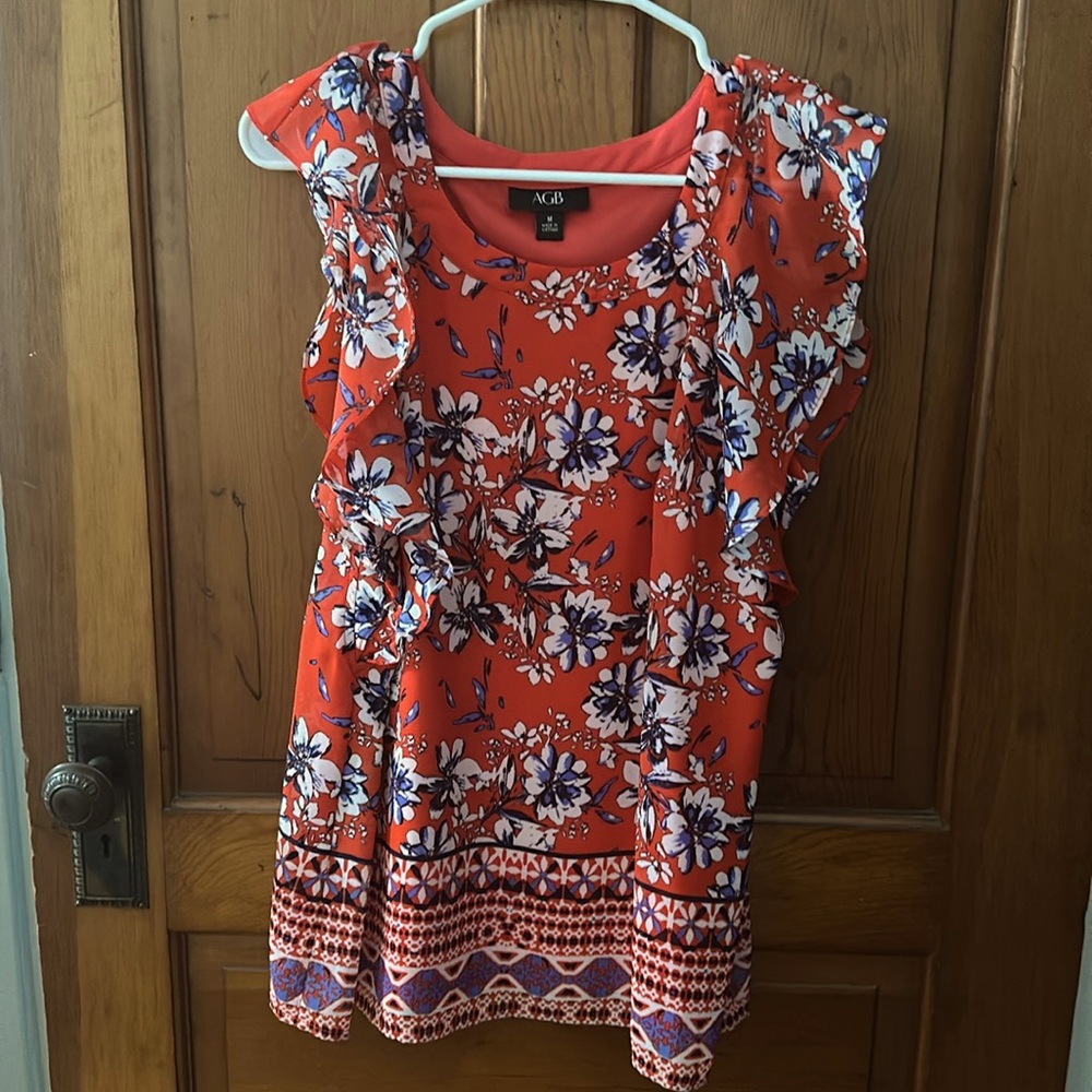 Short sleeve blouse with ruffled sleeves, white, and blue flower design